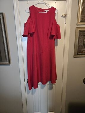 London Times Hot Pink Cold-Shoulder Midi Dress